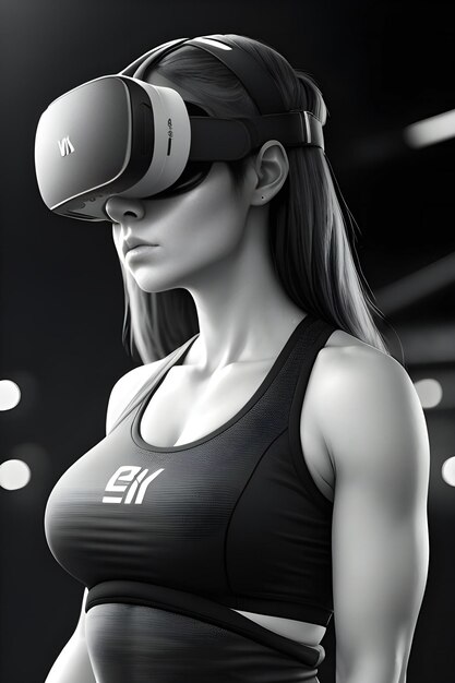 uma mulher usando um capacete de realidade virtual que diz "ee".