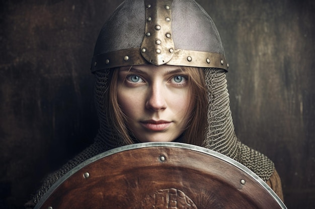 uma mulher usando um capacete e segurando um escudo