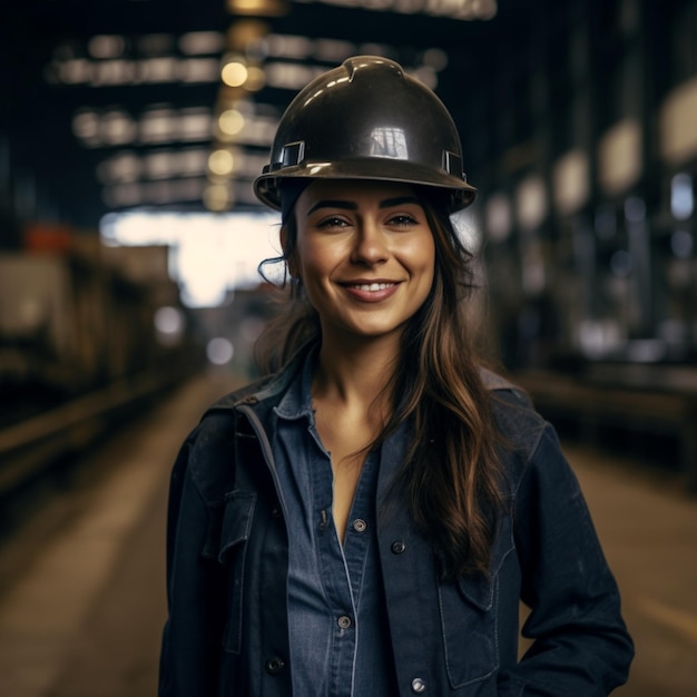Uma mulher usando um capacete está em um armazém com uma placa que diz 'eu sou um engenheiro'