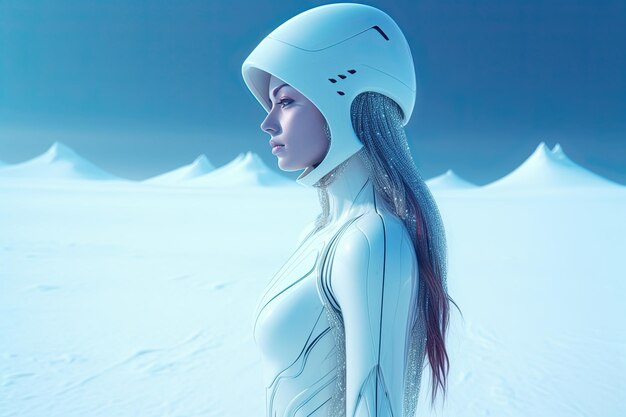 Uma mulher usando um capacete na neve