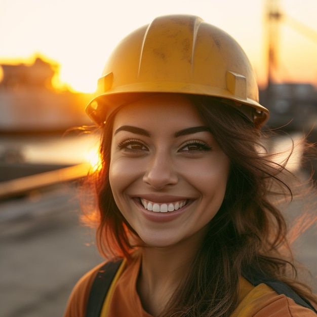 Uma mulher usando um capacete sorri para a câmera.