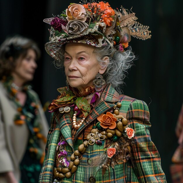 uma mulher usando um chapéu com flores nele