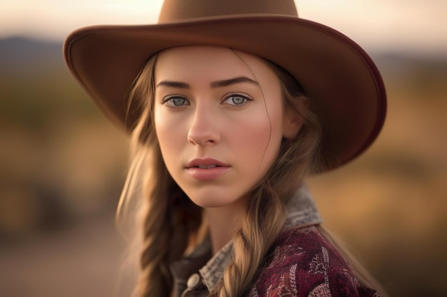 Uma mulher usando um chapéu de cowboy está em um campo