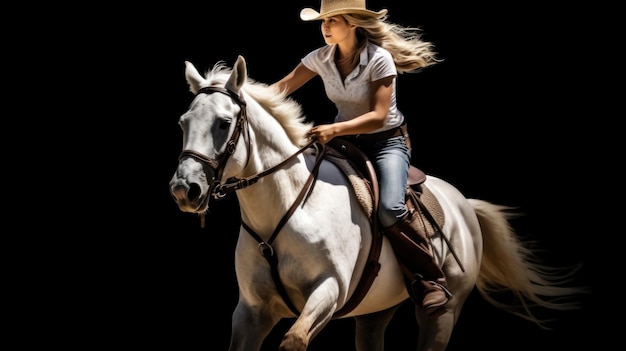 uma mulher usando um chapéu de cowboy está montando um cavalo branco.