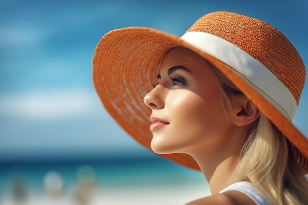 Uma mulher usando um chapéu de palha está em uma praia