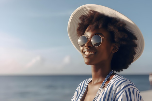 Uma mulher usando um chapéu e óculos de sol está em uma praia.