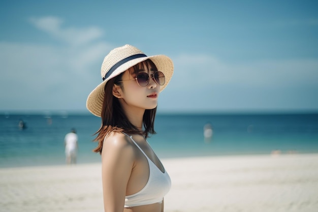 Uma mulher usando um chapéu e óculos de sol está em uma praia.