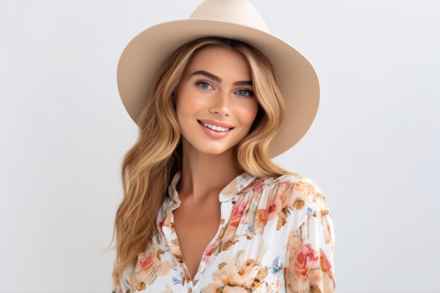 Uma mulher usando um chapéu e uma camisa floral com estampa floral
