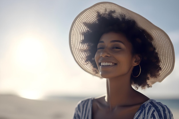 Uma mulher usando um chapéu na praia