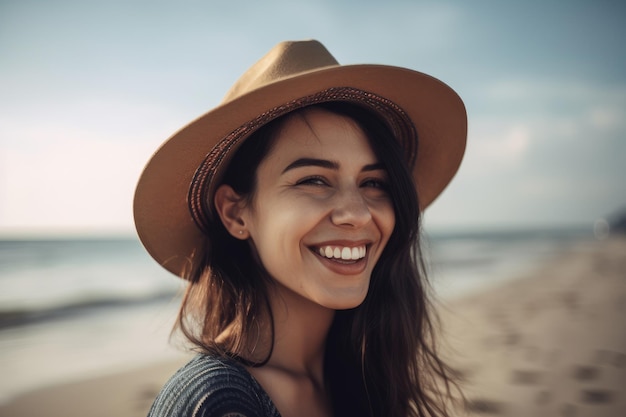 Uma mulher usando um chapéu na praia