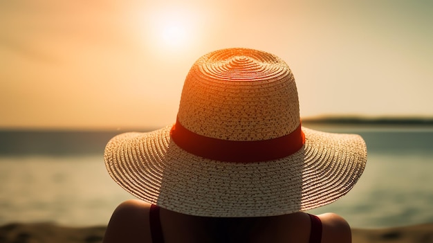 Uma mulher usando um chapéu senta-se em uma praia com o sol se pondo atrás dela