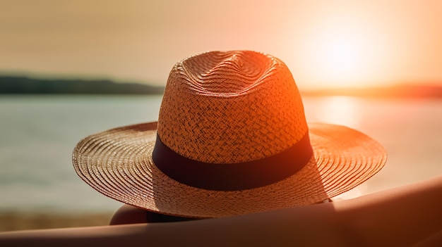 Uma mulher usando um chapéu senta-se em uma praia com o sol se pondo atrás dela