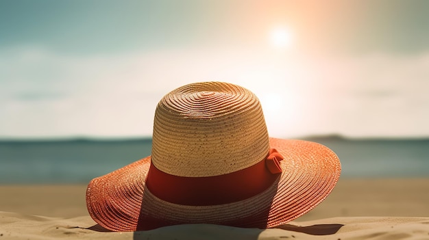 Uma mulher usando um chapéu senta-se em uma praia com o sol se pondo atrás dela