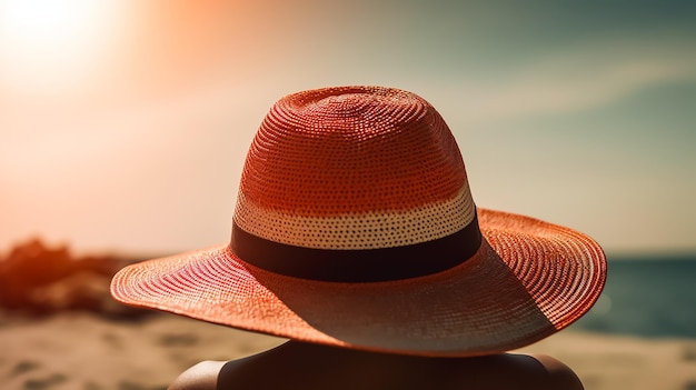 Uma mulher usando um chapéu senta-se em uma praia com o sol se pondo atrás dela