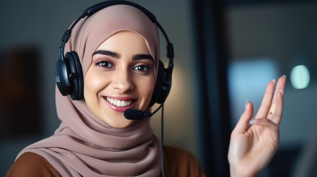 Uma mulher usando um fone de ouvido com microfone