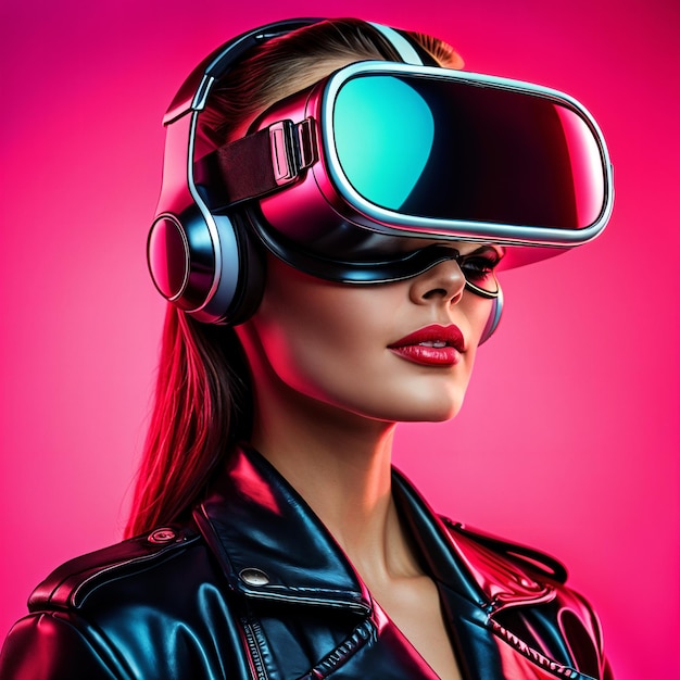 Foto uma mulher usando um fone de ouvido de realidade virtual com os olhos obscurecidos pelo dispositivo ela está vestida de couro preto e tem cabelo vermelho o fundo é rosa