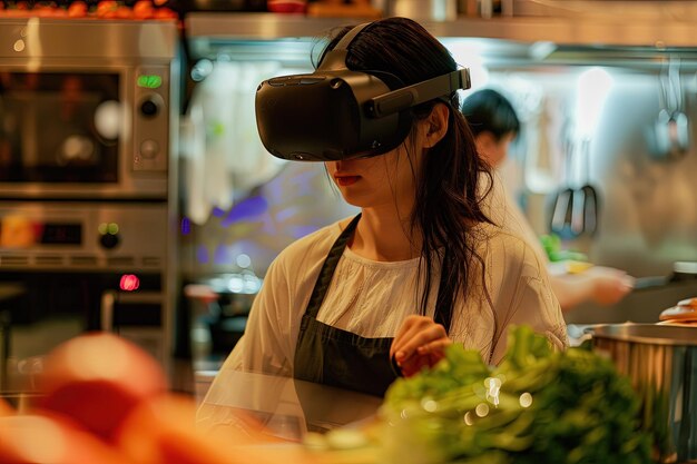 Foto uma mulher usando um fone de ouvido de realidade virtual em uma cozinha