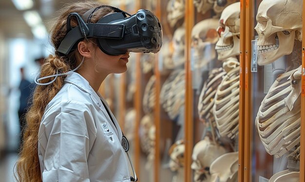 Foto uma mulher usando um fone de ouvido de realidade virtual está olhando para um crânio