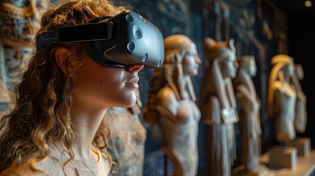 Foto uma mulher usando um fone de ouvido de realidade virtual está olhando para uma exposição de estátuas