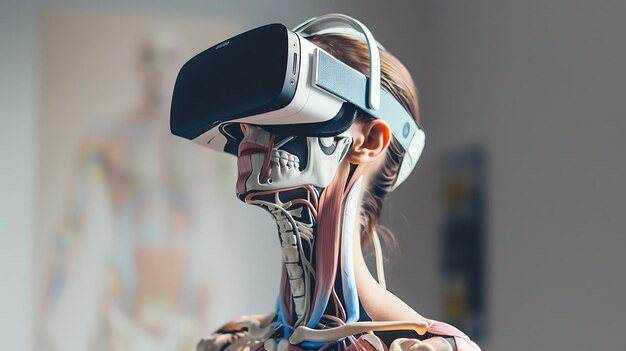 Foto uma mulher usando um fone de ouvido de realidade virtual. o fone está exibindo um modelo 3d de um crânio humano.