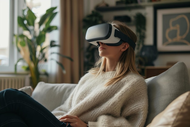 Foto uma mulher usando um fone de ouvido de realidade virtual senta-se em um sofá