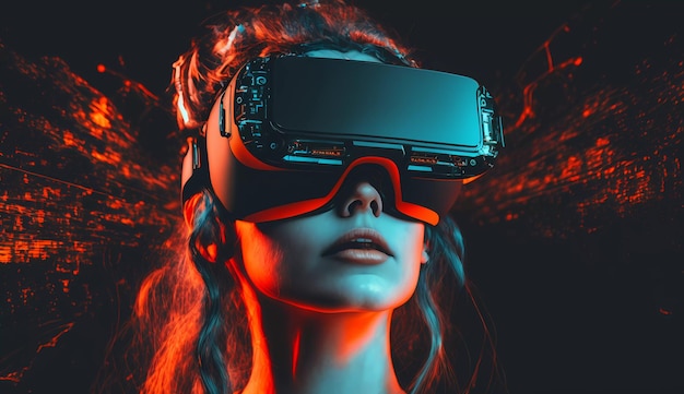 Uma mulher usando um fone de ouvido de realidade virtual.