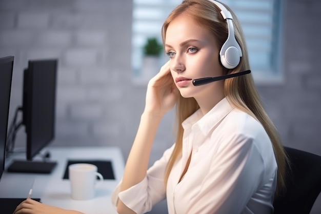 Uma mulher usando um fone de ouvido está sentada em um computador com um monitor de computador e uma caneca sobre a mesa.