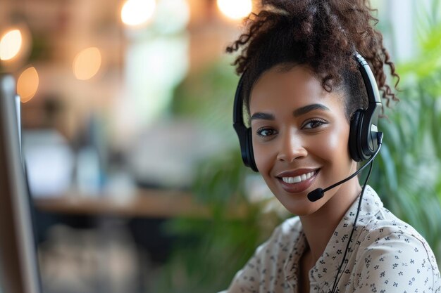 Uma mulher usando um fone de ouvido sorri diretamente para a câmera retratando confiança e amizade Agente de serviço ao cliente usando um fono de ouvido em um centro de chamadas AI Gerado