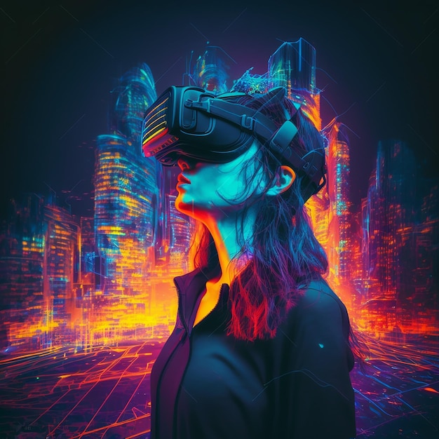 Uma mulher usando um headset de realidade virtual em cores neon.