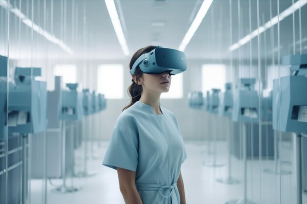 Uma mulher usando um headset de realidade virtual em uma sala de tecnologia