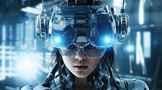 Uma mulher usando um headset vr com a palavra cyberpunk na frente.