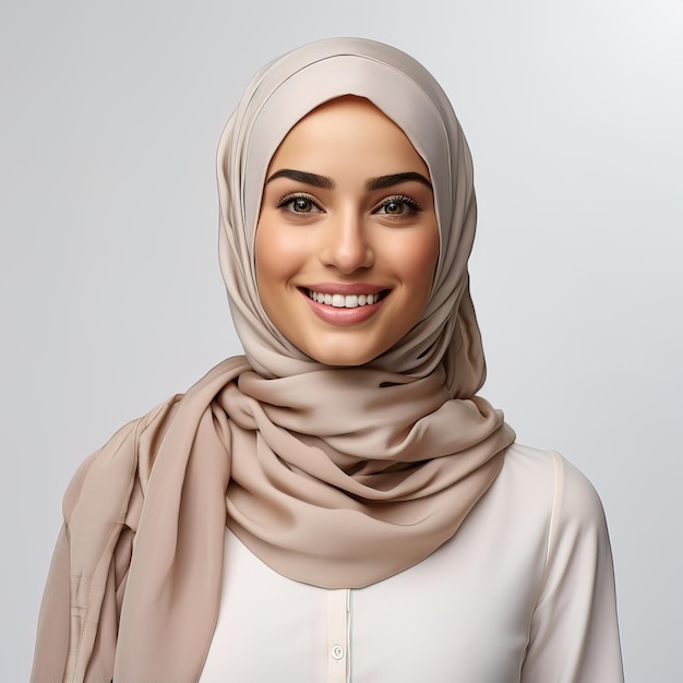 uma mulher usando um hijab com um sorriso que diz "natural"