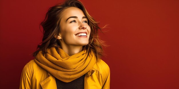 Uma mulher usando um lenço amarelo sorri na frente de um fundo vermelho