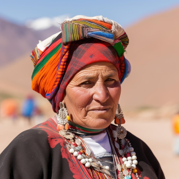uma mulher usando um lenço colorido e um colar