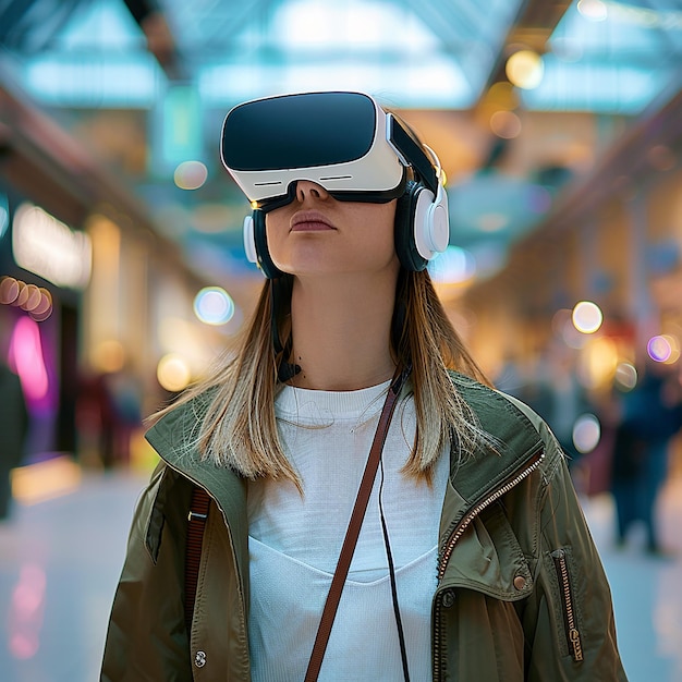 Foto uma mulher usando um par de óculos de realidade virtual