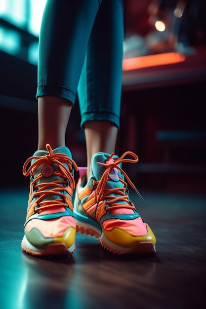 Uma mulher usando um sapato de cor neon que diz "sem sapatos" nele