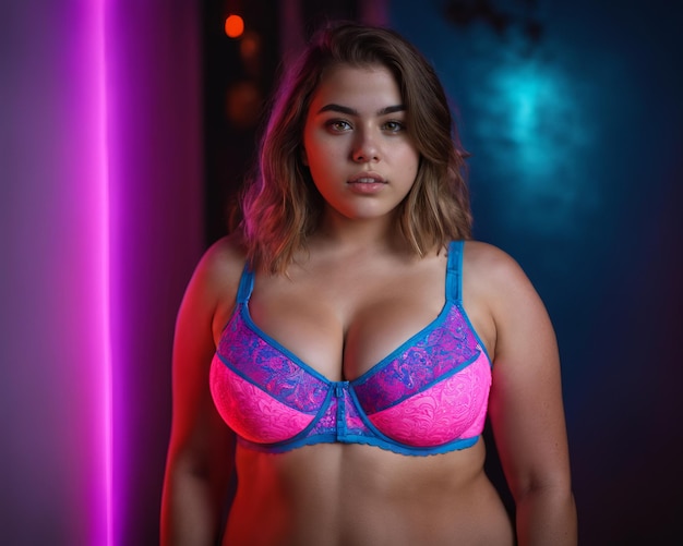 Uma mulher usando um sutiã rosa e azul