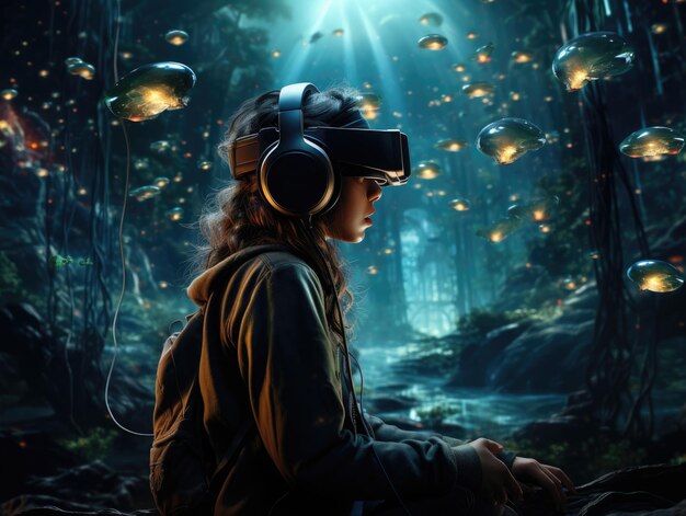 Uma mulher usando um usuário de fone de ouvido VR e sentada no meio de várias lâmpadas suspensas mundo surreal e realidade virtual Generative AI