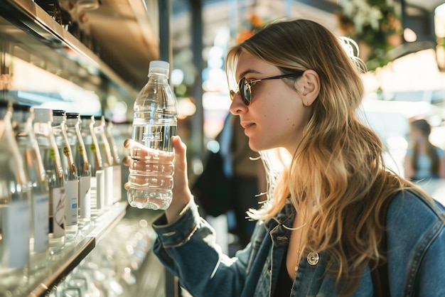 Uma mulher usando uma garrafa de água reutilizável em uma estação de reabastecimento demonstrando o hábito de hidratação ecoconsciente