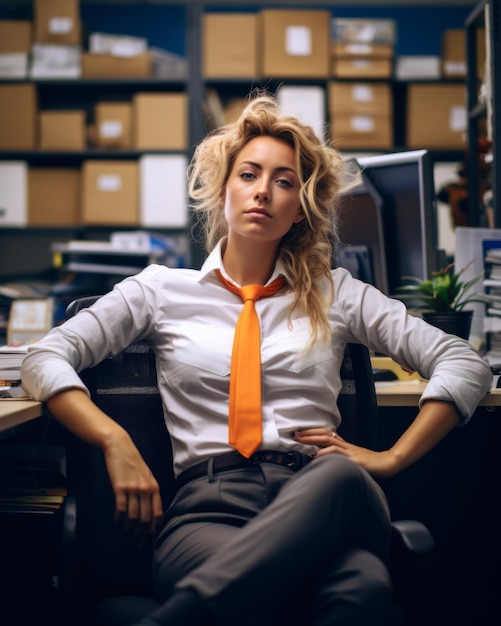 uma mulher usando uma gravata laranja sentada em um escritório