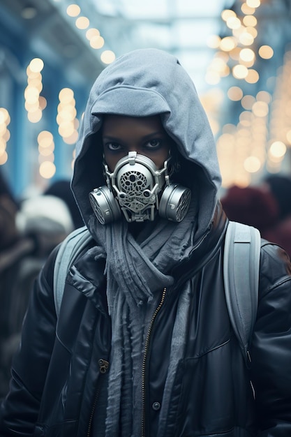 uma mulher usando uma máscara de gás