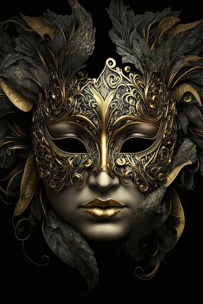 Uma mulher usando uma máscara de ouro com penas e a palavra masquerade nela.