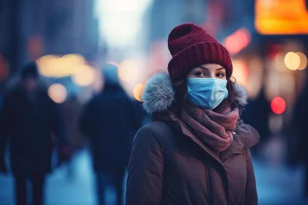 uma mulher usando uma máscara facial em uma rua da cidade