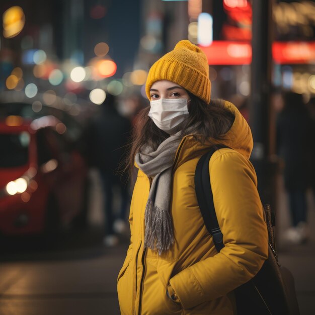 uma mulher usando uma máscara facial na cidade à noite