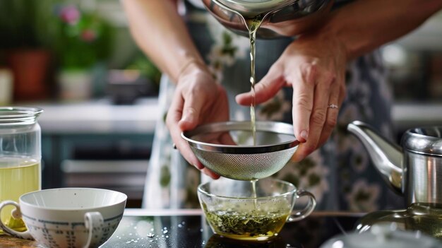 Uma mulher usando uma peneira para filtrar as ervas de uma infusão recém-fervida antes de derramá-la