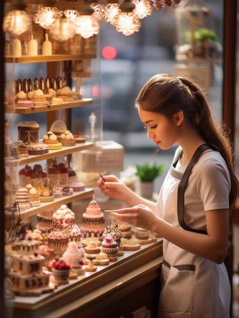 uma mulher vende cupcakes em uma padaria.