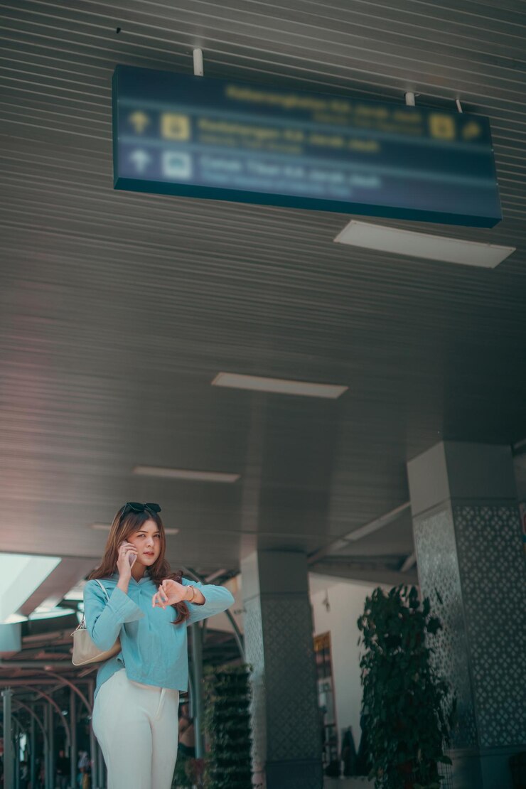Foto uma mulher verifica a hora em um terminal de aeroporto movimentado enquanto segura sua bolsa de viagem