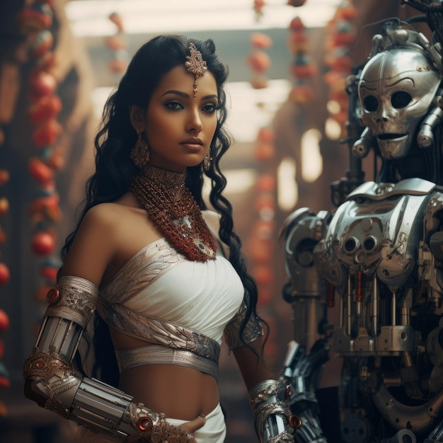 uma mulher vestida ao lado do robô