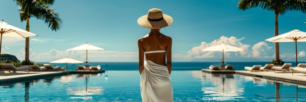 Uma mulher vestida com um vestido branco e um chapéu de palha está confiantemente em frente a uma piscina intocada em um resort