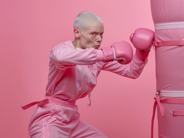 Uma mulher vestida de rosa a lutar contra o cancro